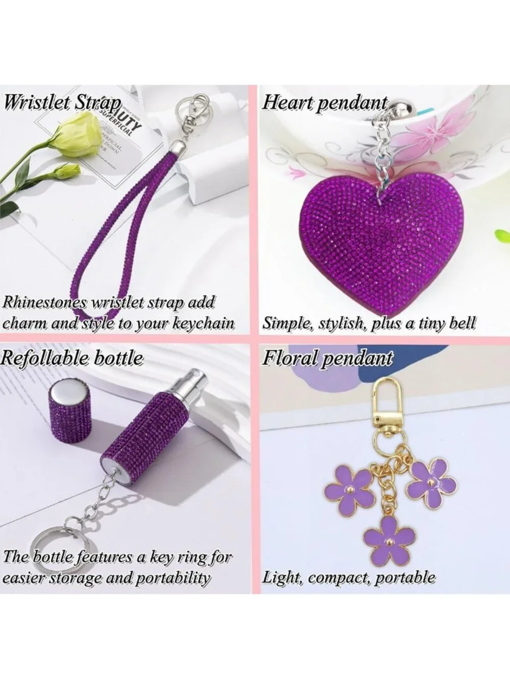 Chic Gift Keychain Set for Women - Wrist Strap, Heart Charm, Petal Decor & Pom